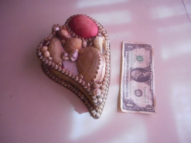 Antique Sailor's Valentine Shell Art Heart shaped Sewing Box