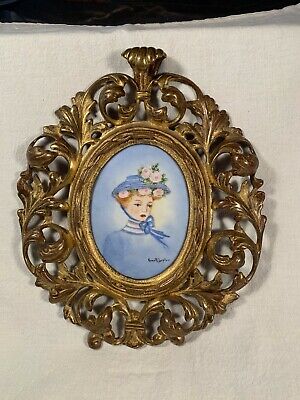 Vtg Cast Brass Oval Victorian Frame with Hand painted on China, Lady w Hat c1890