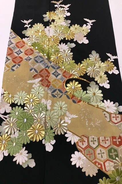 @@ Japanese kimono silk fabric/ tomesode black/ embroidery, gold, silver, gr A94