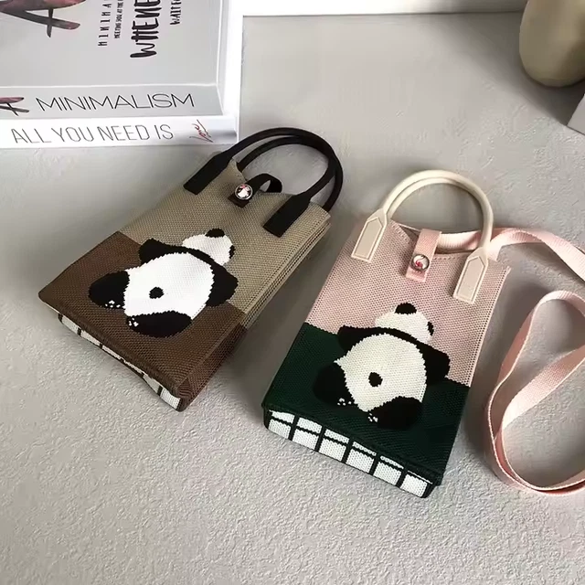 Mini Sac Bandoulière Tricoté Motif Panda - Taille Mini Pour Téléphone, Idéal Soirée - Coton Marron, Fermeture Bouton