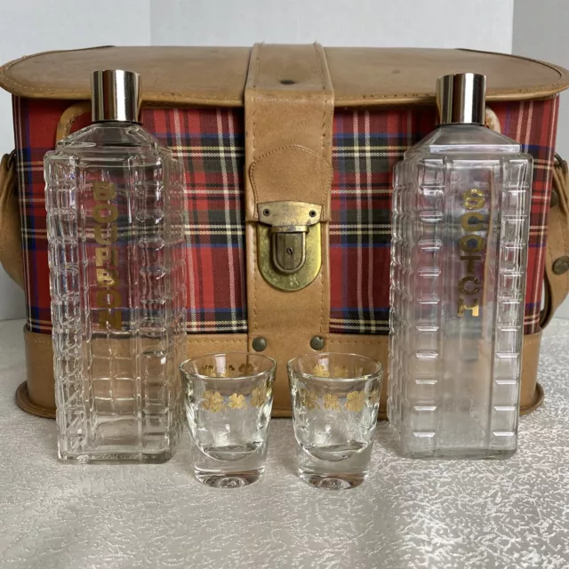 Vintage Scotch Travel Plaid Irish Bar 1950’s Bourbon Scotch Waffle Glass Bottles