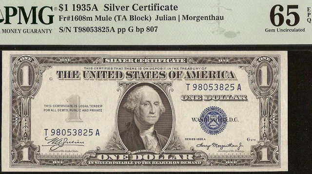 1935 A $1 DOLLAR BILL MULE SILVER CERTIFICATE NOTE MONEY Fr 1608m PMG GEM 65 EPQ