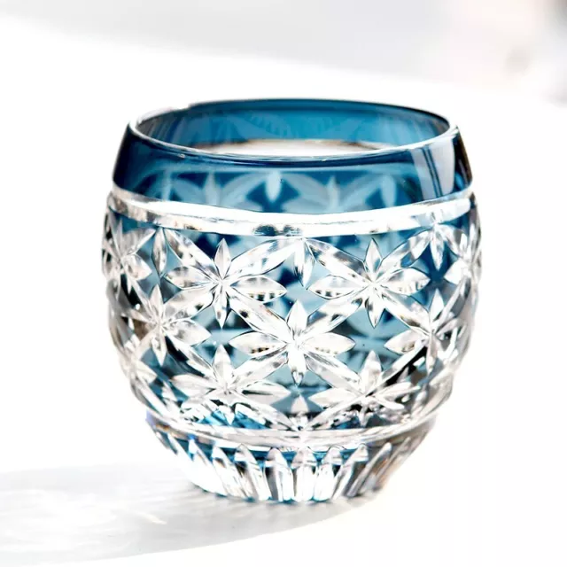 Edo Kiriko Glass Cup Small Shot Glasses For Sake Handmade Colored Glass 3oz Blue
