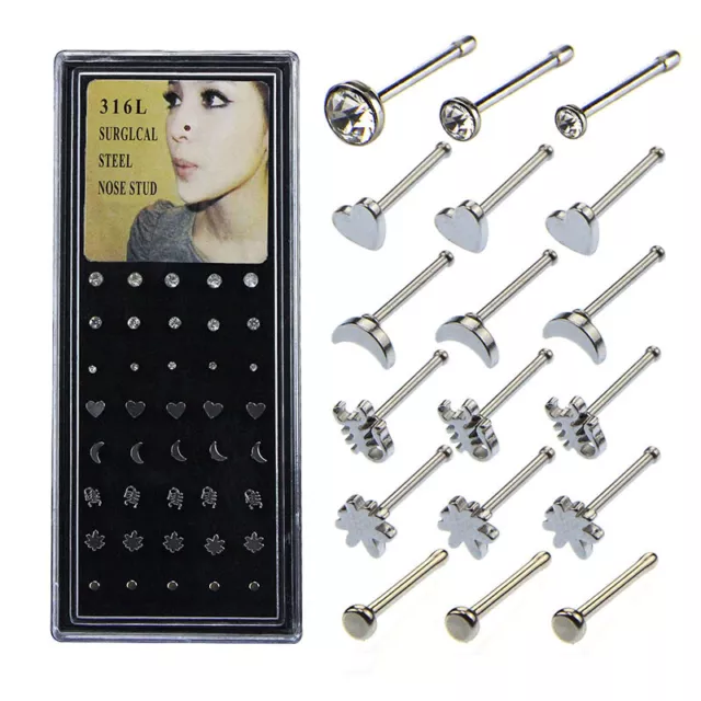 40pcs Nose Rings Bone Stud Pin Crystal 20G Stainless Steel Body Piercing Jew_tu
