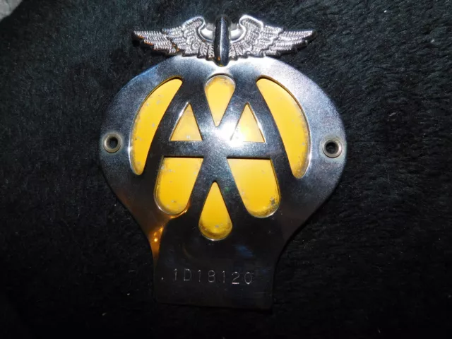 Genuine Vintage Enamelled Winged Aa Car Badge Yellow Back 1964 /1965 Great Cond