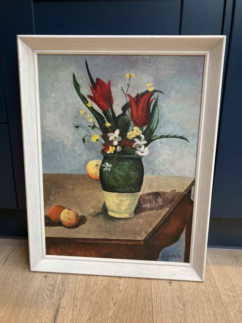 Vintage Original Oil On Board Floral Still Life, Signed And Dated 1958 By artist
