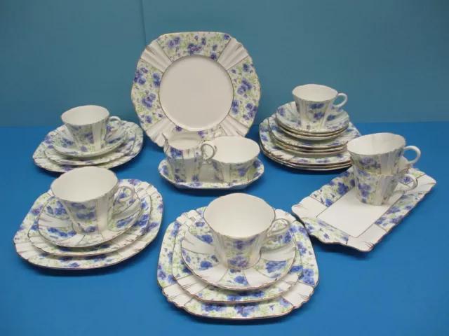 Royal Albert Crown China England 29 Piece Set Art Deco Blue Pansy Chintz Panel