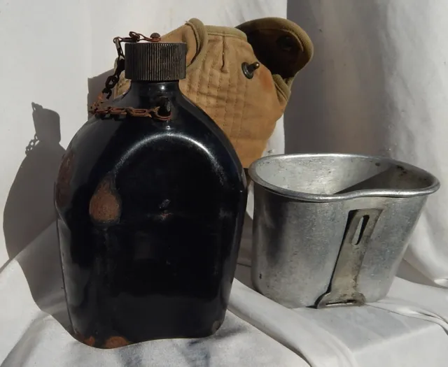 RARE! WW 2 US Army USMC Soldiers Black Canteen With Cup  & Case All Dated 1942