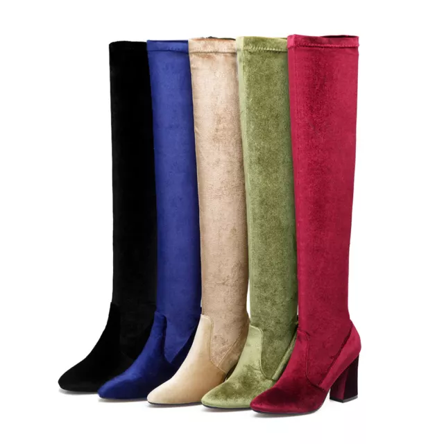 Women's Zip Soft Over Knee Boots Block High Heel Pointed Toe Shoes AU Size 2~12