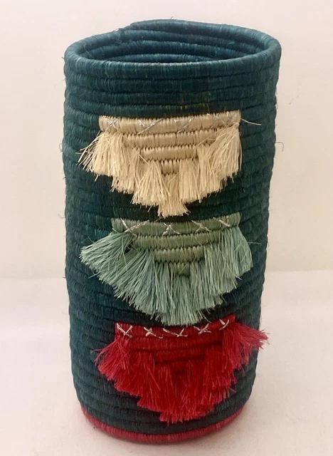 VTG Beautiful Hand-Coiled & Painted Cylinder Wicker Basket Africa Rwanda 9”