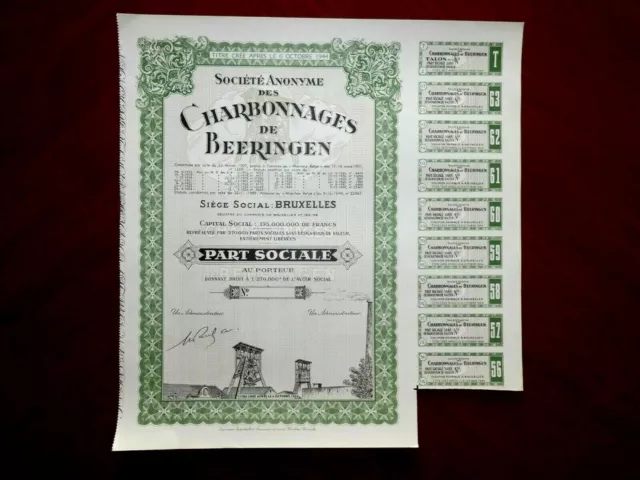 Charbonnages de Beeringen, unissued share certificate 1949