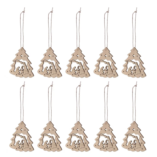 10pcs Wooden Christmas Tree Pendants Hanging Ornaments Nativity Craft Decoration