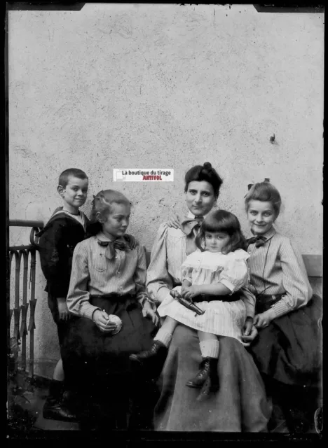 13x18cm Family Kids Negative Black & White Antique Photo Glass Plate
