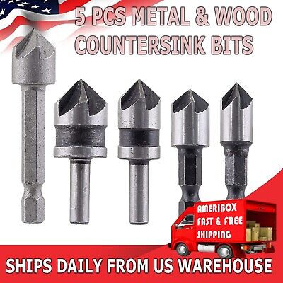 5pc Chamfer Countersink Deburring Drill Bit Set Crosshole Cutting Metal Tool Kit