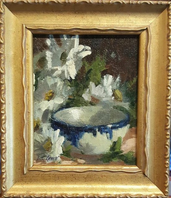 Linda Glover Gooch White Daisies Blue Bowl Original Oil Painting on Linen 5x4