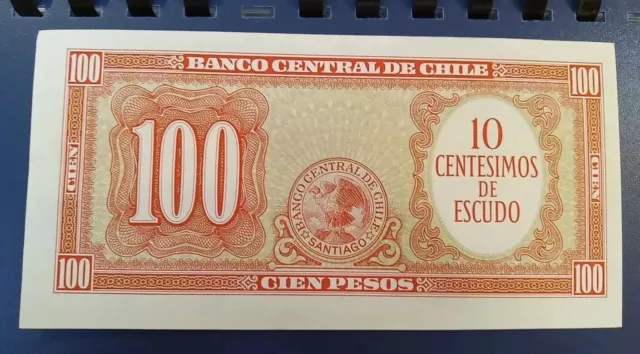 Unusual Chile Overprint "10 Centesimos De Escudos" 100 PESOS Banknote - CU ✅