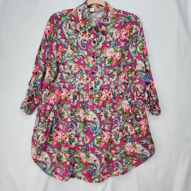 Babydoll Shirt Womens XL Pink Paisley Floral 3/4 Sleeve Pockets Empire Waist