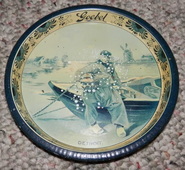 VINTAGE Goebel Beer Metal Dish Plate Tip Tray Ashtray Man w/ Boat + Bottle 4.5"