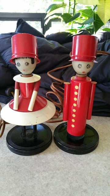 Vintage Signed Chase Chrome 30s Art Deco Enamel Man Woman PAIR Boudoir Lamps
