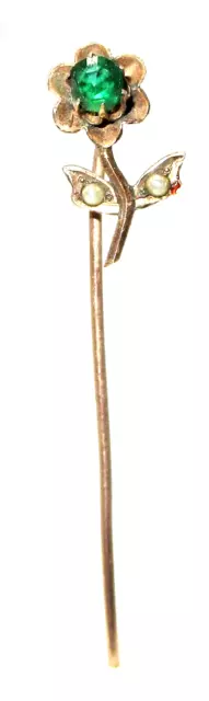 Vintage 10K Yellow Gold Flower Emerald Green Spinel Stick Pin 1940's