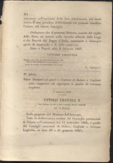 SOLARO COGLIATE Soppressi Regio Decreto 1869 CERIANO LAGHETTO Originale Antico