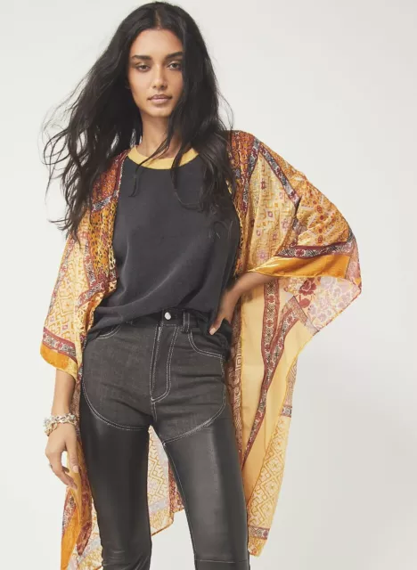 Free People Beguiled Patchwork Kimono Jacket Velvet Burnout Orange Gold OS NWT