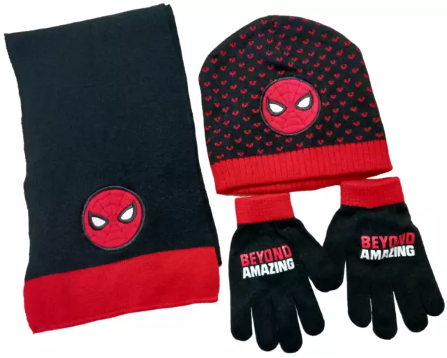Spider-Man Boys 3 Piece Knit Hat Scarf and Glove Set Red/Black One Size New