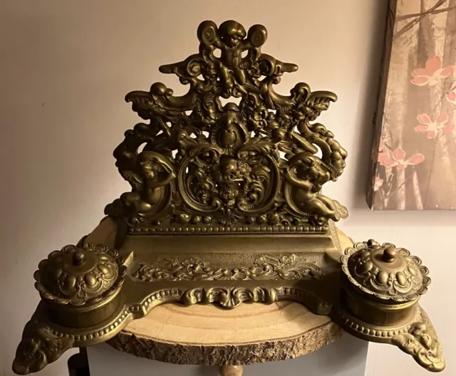 Vintage Brass Cherubs Double Inkwell Letter Rack, Baroque,  Repousse Style