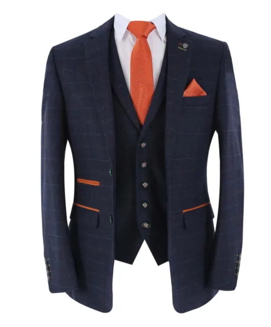 Mens Boys Tweed Suit Windowpane Check Father Son Navy Tailored Fit 3 Piece Set