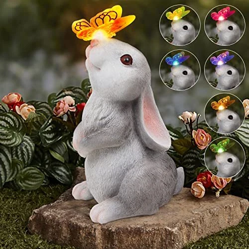 Garden Statue Outdoor Decor-with Solar Butterfly Changing Lights Garden Rabbit