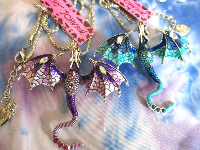 Betsey Johnson Fierce Enamel Blue Purple Dragon Pendant Necklace/Brooch Lot 2