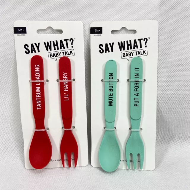 SAY WHAT Infant Bamboo Spoon and Fork Set w/ cute sayings - BPA FREE - NEW