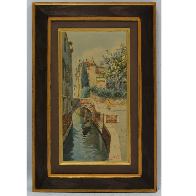 Antico dipinto ad acquerello Canali veneziani 47x31 cm