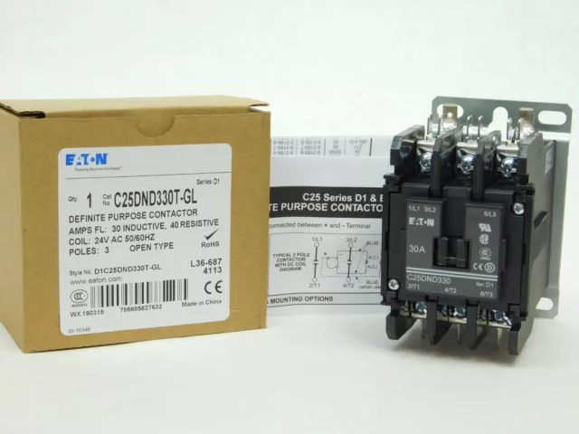 Eaton C25DND330T-GL Definite Purpose Contactor 24VAC Coil 3P 30A Ind 40A Res (VN