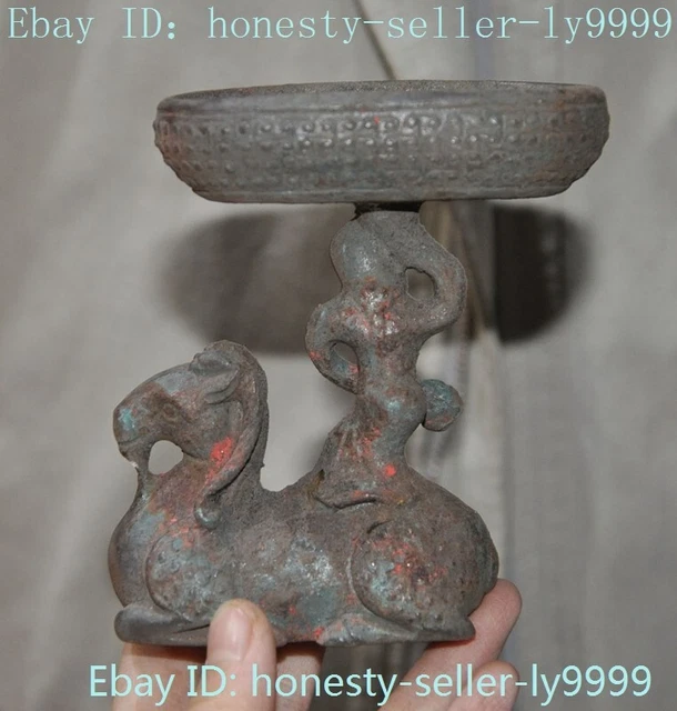 4"Old China Glass Carved Sacrifice sheep Beast People Candle Holder Candlestick