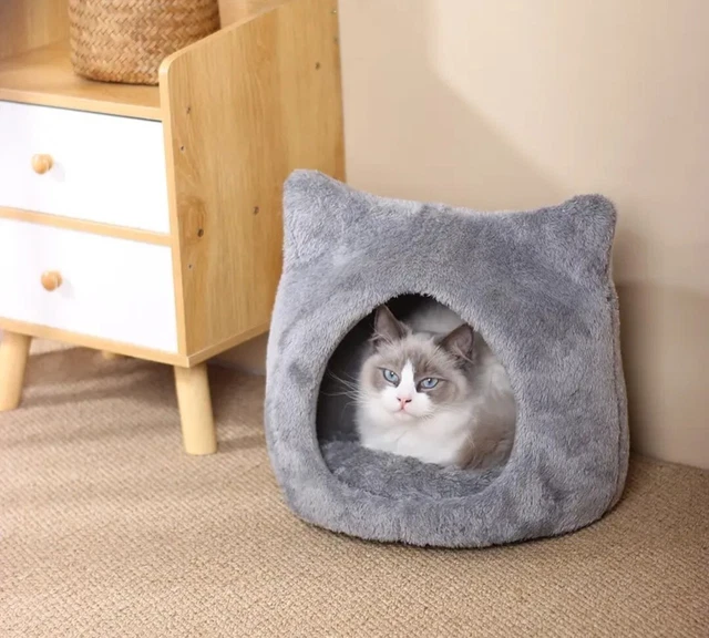 Fun Cat Kitten Warm Cave Bed Soft Cozy also Small Dog or Puppy med gray