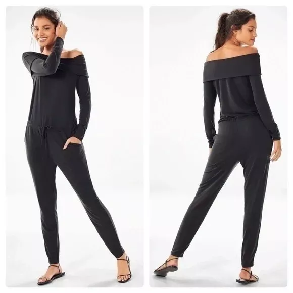 Fabletics Women's M Tess Off-Shoulder Jumpsuit Long Sleeve Black