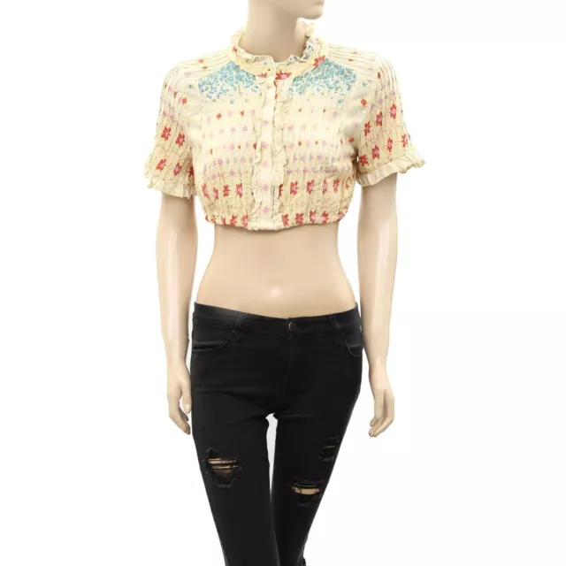 Free People Ditsy Floral Printed Cropped Top Ruffle Beige Buttondown S 233872