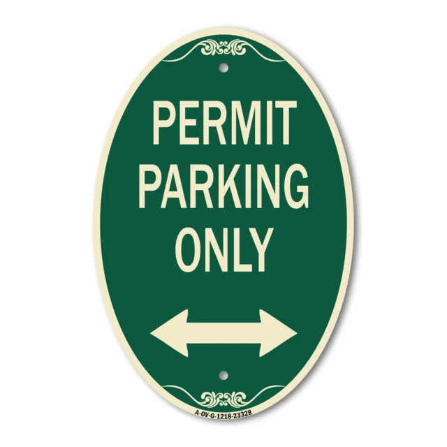 Permit Parking Only (Bidirectional Arrow) 12" x 18" Green Aluminum Oval Sign