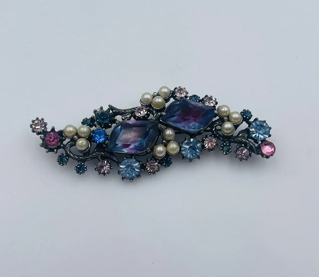 Broche Vintage Turquoise Et Strass - Forme Feuille, Teinte Argent, Années 60/70