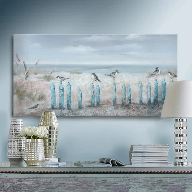Ocean Beach Wall Art 3D Framed Hand-Painted Seascape Oil Painting Perching Bi...