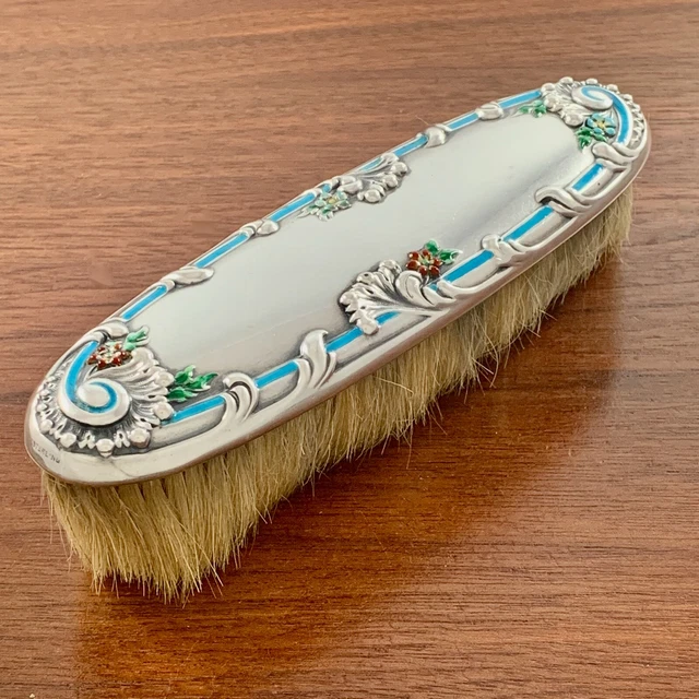 American Sterling Silver & Enamel Encased Clothes Brush Natural Bristles No Mono