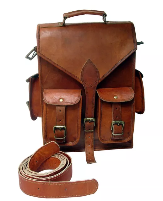 Leather Goat Men S Bag Backpack Rucksack Vintage Laptop Messenger Brown New