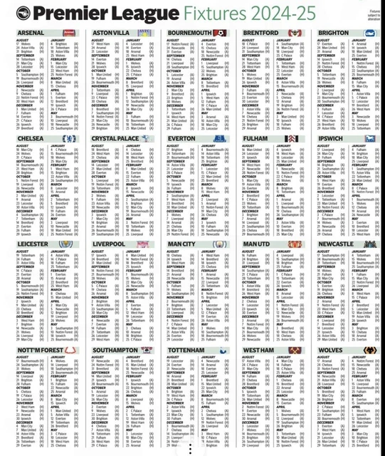 FOOTBALL FIXTURES 202425 Premier League By Club Date Newspaper