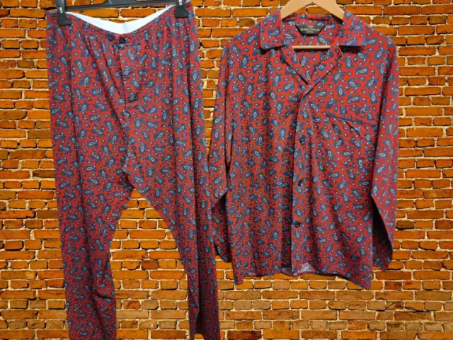 Mens M&S Vintage Pyjama Set Chest Size 41-43" W 38-39" Red Paisley Top Bottoms