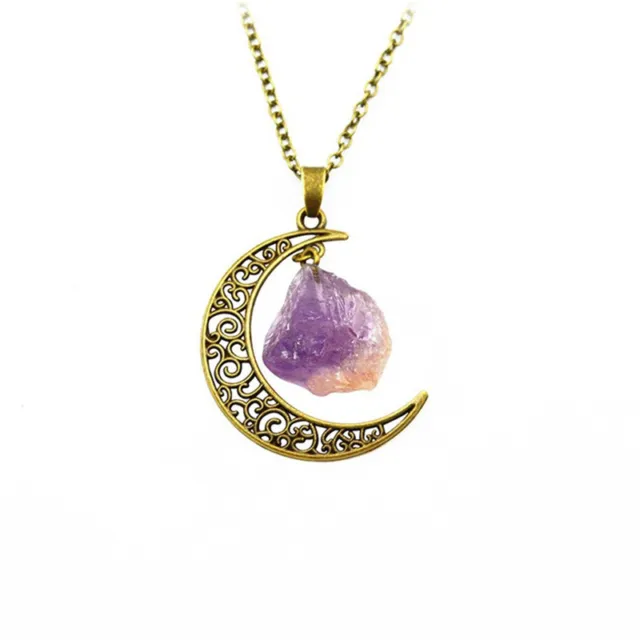 Stone Moon Necklace Rose Quartz Amethyst Healing Gemstone Chain Necklace Jewelry