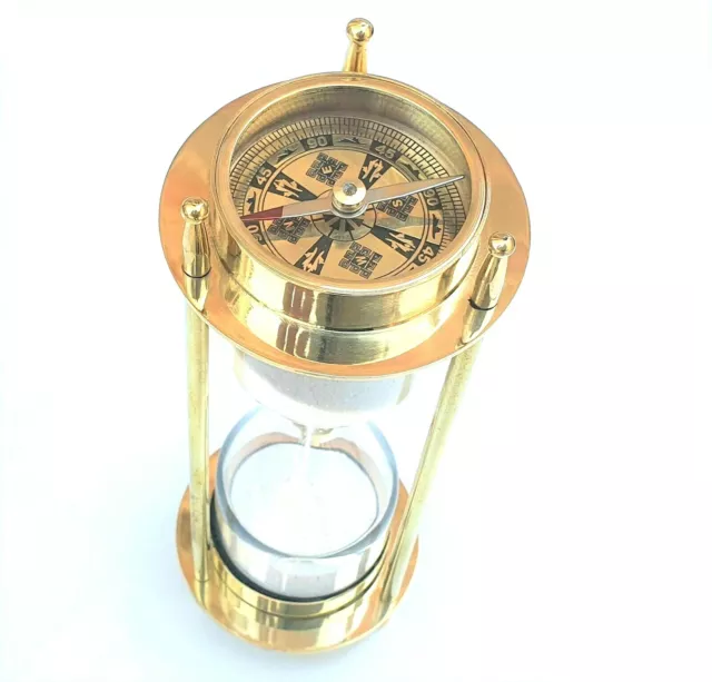 Vintage Nautical Brass Decor Sand Timer  Maritime Hourglass with Compass