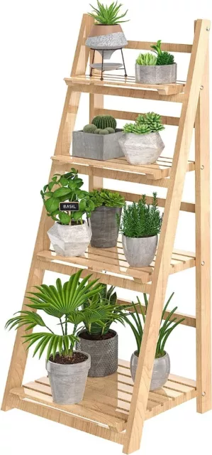 Plant Stand,4 Tier Wooden Ladder Shelf Foldable Display Flower Plant