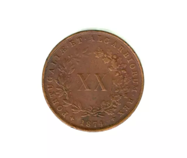 Rare Portugal Coin - Xx Reis 1874 - Vf - Luis I - Km# 515 🇵🇹