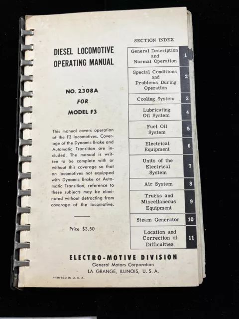 Vintage EMD  Diesel Locomotive Operating Manual  No. 2308A   Model F3